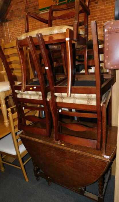 Furniture, to include an oak drop leaf gate leg dining table, and five dining chairs, one carver...