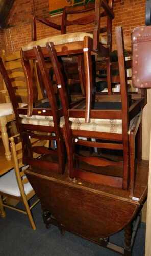 Furniture, to include an oak drop leaf gate leg dining table, and five dining chairs, one carver...