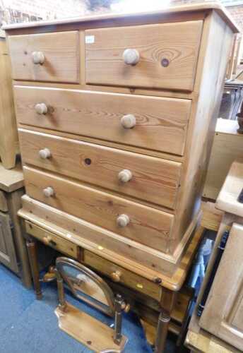 Furniture, comprising a pine chest, of two short over three long drawers, raised on plinth base,...