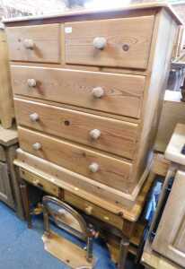 Furniture, comprising a pine chest, of two short over three long drawers, raised on plinth base,...