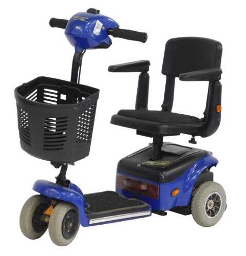 A Wispa mobility scooter, with a blue chassis and charger, with keys.