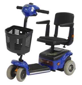 A Wispa mobility scooter, with a blue chassis and charger, with keys.