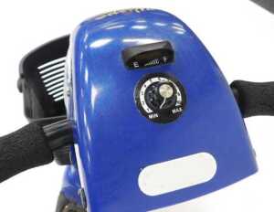 A Wispa mobility scooter, with a blue chassis and charger, with keys. - 3