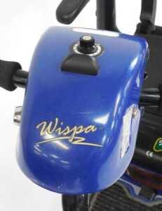 A Wispa mobility scooter, with a blue chassis and charger, with keys. - 5