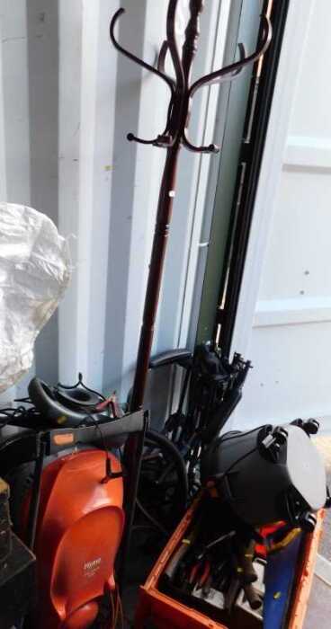 Tools, to include a large folding dog case, a Flymo Easy Glide 300, a hat and coat stand, a...