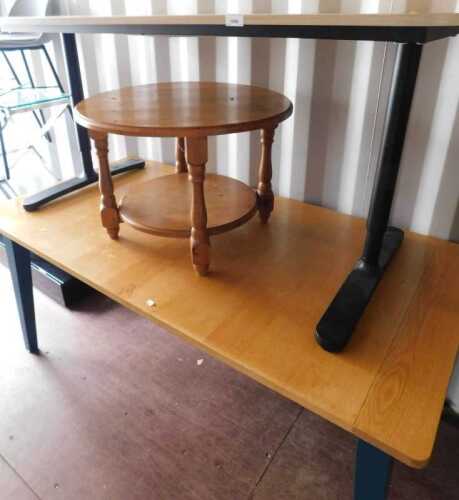 Furniture, comprising a pine circular two tier table, raised on turned supports, a desk with...