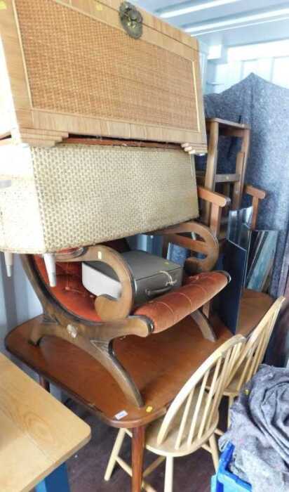 Furniture, comprising a wicker chest, a wicker ottoman, a small desk top box, lift lid, an open...