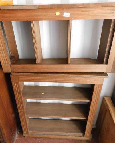 An Art Deco design oak bookcase, in two sections, one narrow, one wide, the widest 97cm high,...