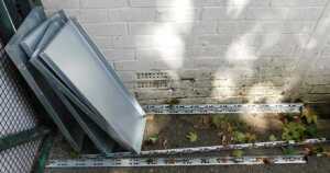 A set of industrial metal shelving.