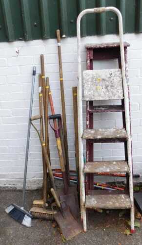 Garden tools, to include brooms, shovels, spades, bolt cutters, pruning shears, two A frame...