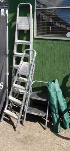 Tools, to include two large A frame aluminium ladders, a set of step ladders, two garden chairs.