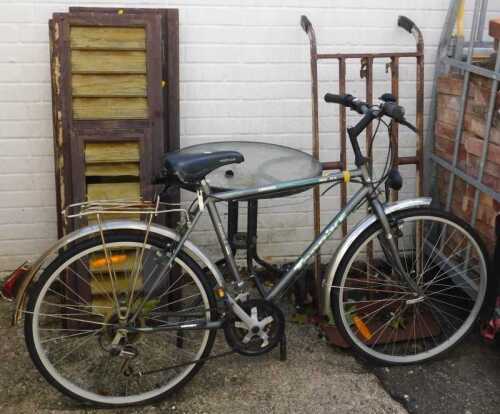 Two louvre doors, a circular glass topped garden table, a metal sack barrow, and a gent's Blue...