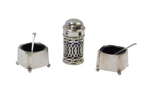 A pair of George IV silver open salts, of square canted form, raised on ball feet, with blue...