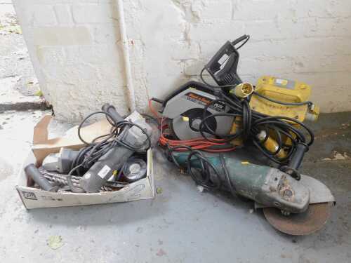 Tools, to include two circular saws, an angle grinder, power transfer box, drill bits, etc. (all...