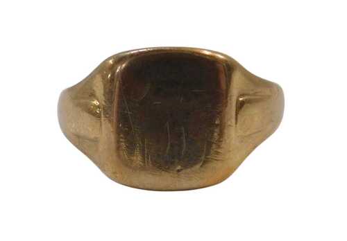 An Elizabeth II 9ct gold gentleman's signet ring, the rubbed ring head bearing partial initials,...