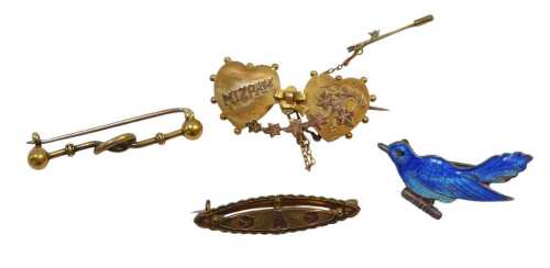 Four brooches, comprising a Victorian mizpah brooch, formed as two hearts, yellow metal, stamped...