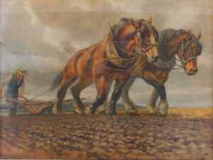 Hayden Reynolds MacKay (1883-1979). Two heavy horses drawing a plough, watercolour, signed, 63cm...