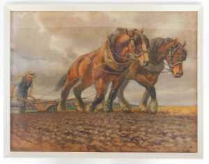 Hayden Reynolds MacKay (1883-1979). Two heavy horses drawing a plough, watercolour, signed, 63cm... - 2