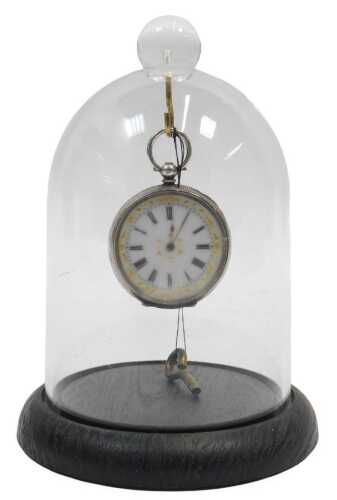 A Continental white metal pocket watch and travel case, the white enamel Roman numeric dial with...
