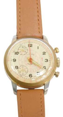 A Cimier Sport wristwatch, with a cream numeric chronograph dial, in base metal case, on a tan...