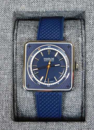 A Marloe Watch Company Astro Miyota 9039 automatic wristwatch, with square watch head and a blue...