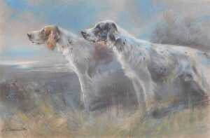 John Charles Tunnard (1875-1960). Two spaniels looking over moorland, pastel, signed, 29cm x...