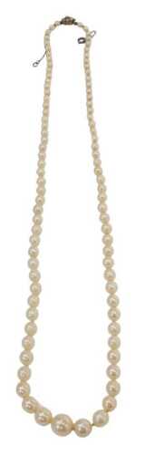 A single strand cultured pearl graduated necklace, on a knotted string strand, with flower clasp,...