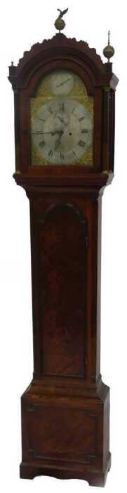 A George III flame mahogany longcase clock, with shaped and pillared hood, with ball spike and...
