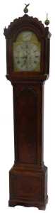 A George III flame mahogany longcase clock, with shaped and pillared hood, with ball spike and...