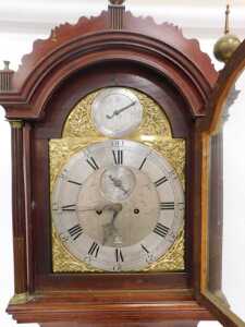 A George III flame mahogany longcase clock, with shaped and pillared hood, with ball spike and... - 2