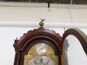 A George III flame mahogany longcase clock, with shaped and pillared hood, with ball spike and... - 3