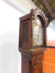 A George III flame mahogany longcase clock, with shaped and pillared hood, with ball spike and... - 4