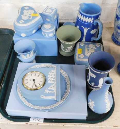 Wedgewood Jasperware, to include mantel clock, covered lidded jars, small pots, small vases, etc....