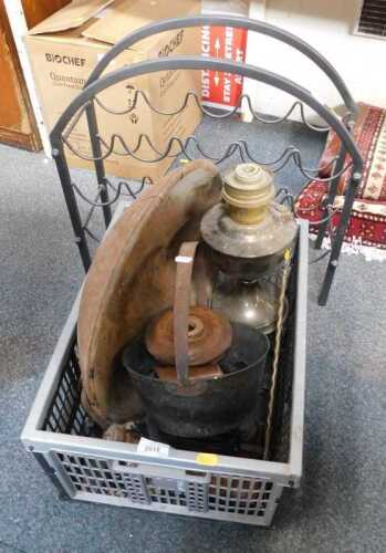 Metalware, to include a brass preserve pan, an oil lamp, large wooden bowl, a hand drill, metal...