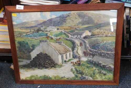 After JH Craig. Village scene depicting cottages and figures, print, 55cm x 41cm.