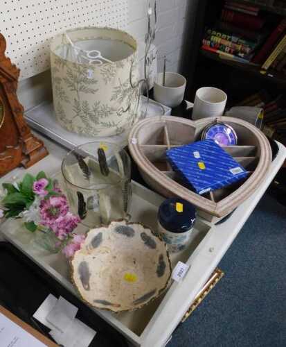 Household items, to include glass planter inset with feathers, wooden tray with decoupage...