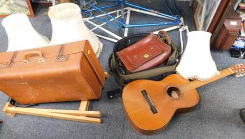Household items, to include lamp shades, luggage rack, suitcases. (contents under 1 table)