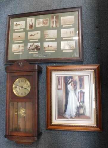 Pictures and prints, a wall clock, two pictures, one including a three-dimensional...