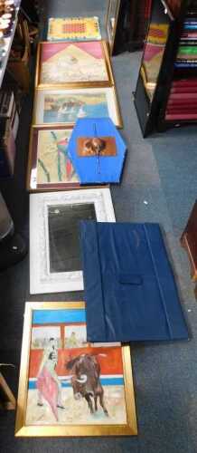 Pictures, prints and mirrors, to include pastel of a parrot, landscape with boats to foreground,...