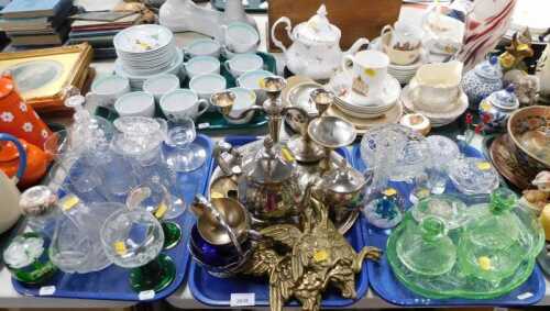 Household ceramics, metalware and glassware, to include a part dressing table set in green glass,...