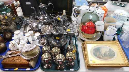 Metalware, ceramics, treen, pictures and prints, to include enamel ware coffee pot, water pot,...
