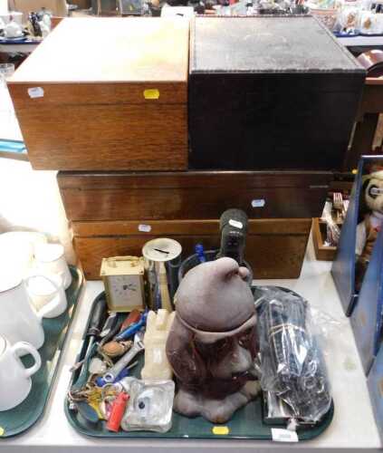 Household items, including a money box, a military-style torch, a carriage lamp, train track,...