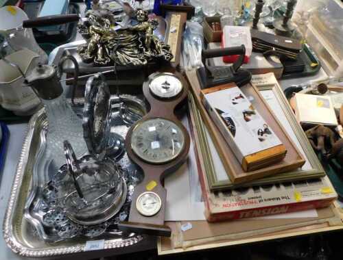 Household items, to include candlesticks, knives, forks, spoons, banjo barometer, an iron,...