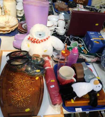 Household items, to include soft toy, earphones, small mantel clock holder, ceramic mug, water...