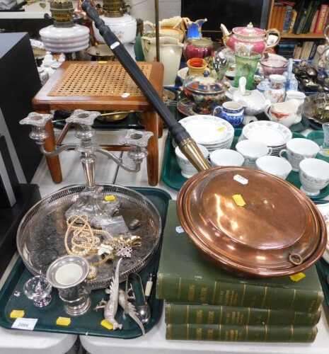 Metalware, household wares, to include a small cane seated stool, a warming pan with handle,...