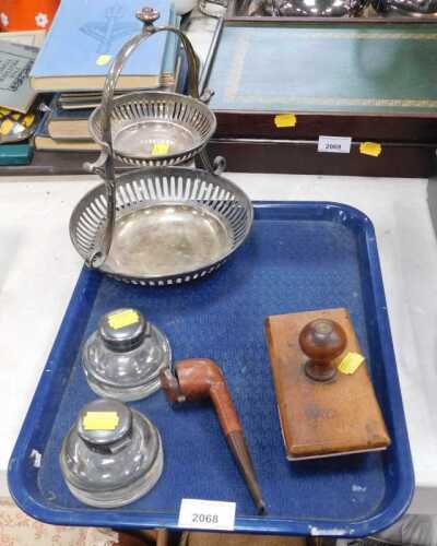 Household items, to include a silver plated two tier cake stand or sweetmeat dish, a pipe, an...