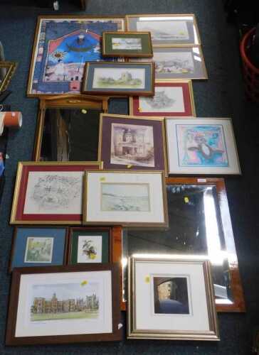 Pictures, prints and mirrors, to include a print of Newcastle University, a shoreline scene,...