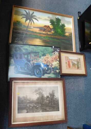 Pictures and prints, to include a large oil on panel of a tropical house with sea beyond, a...