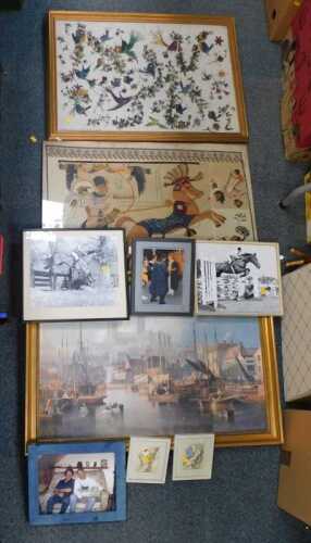 Pictures and prints, to include a large gilt framed embroidered picture of birds amongst flowers,...