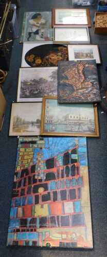 Pictures and prints, to include abstract artwork, street scenes, landscapes, etc. (9, under 1...